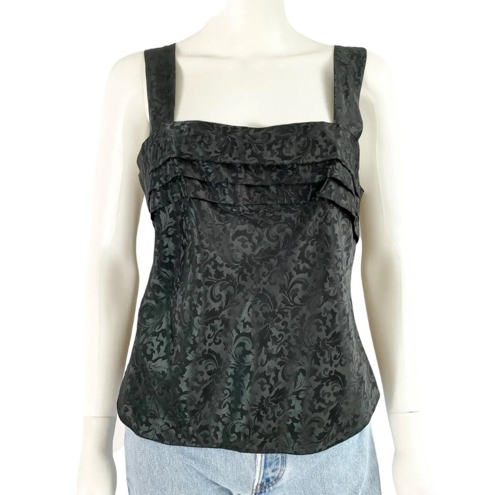 Lucie Ann II Women Tank Top Blk Floral Jacquard Ruffle Square Neck‎ Medium 1005P